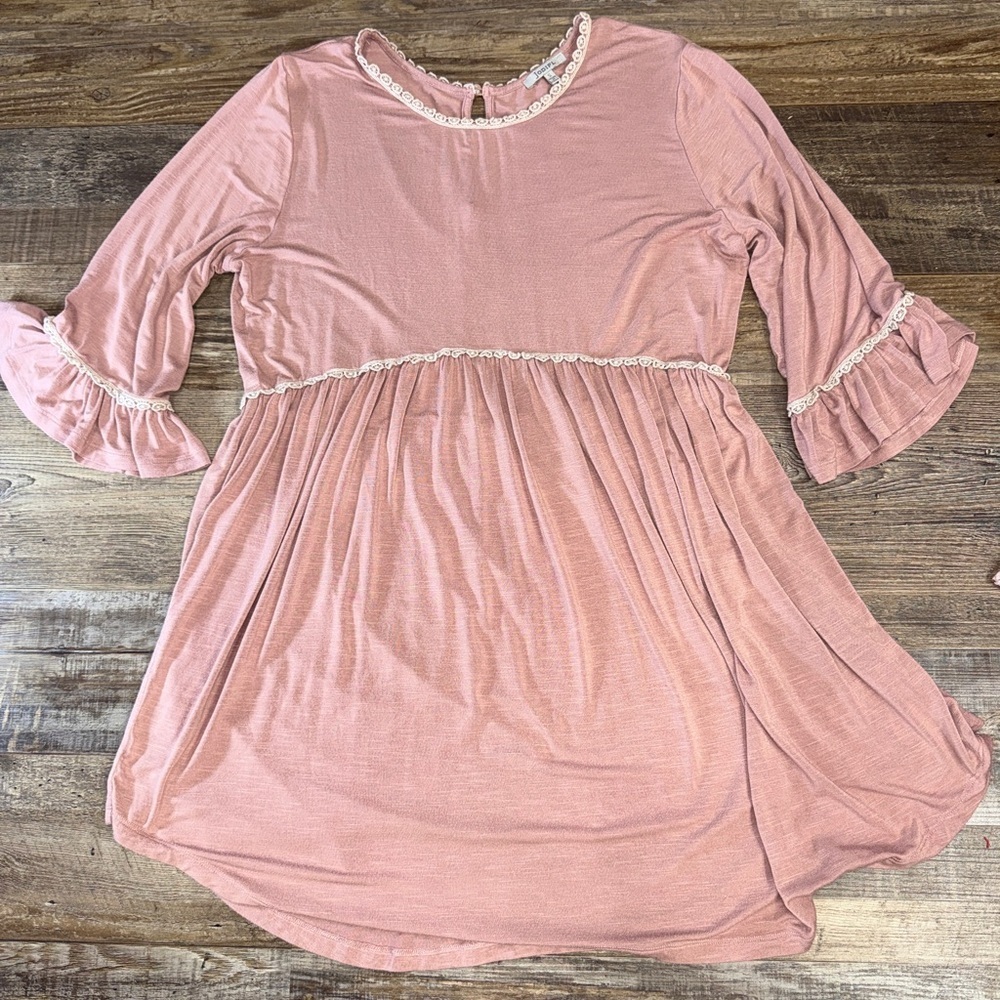 Jodifl Babydoll Dress Small Pink Lace Trim Bell Sleeve Boho